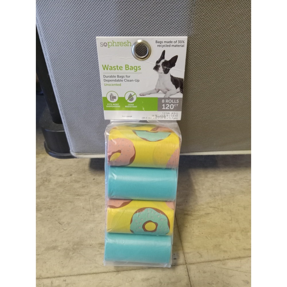 Sophresh Waste Bags 120 Count 8 Rolls Unscented Donut Print Teal Blue 3184757